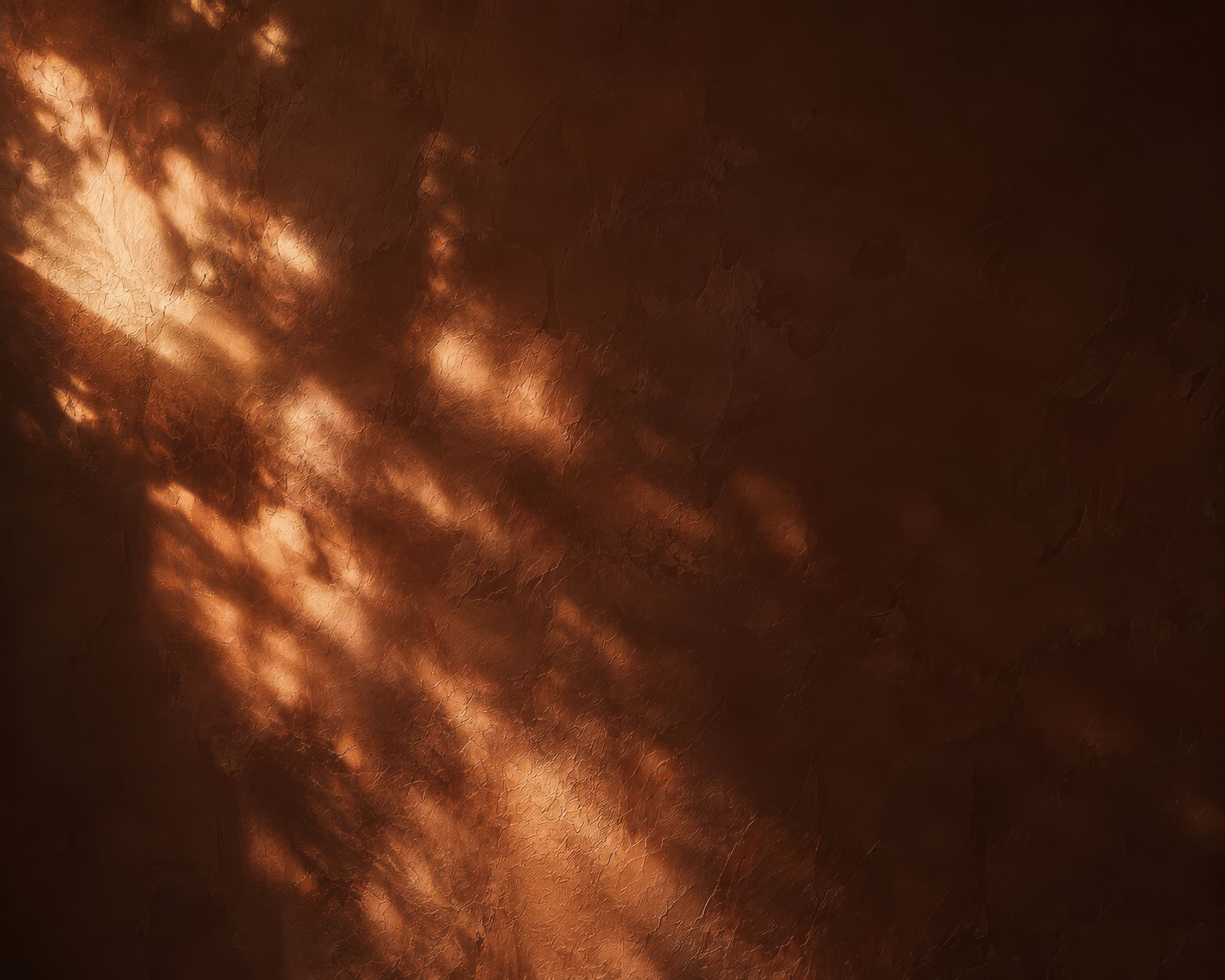 Warm brown textured wall with dappled sunlight and leaf shadows cast across it.
